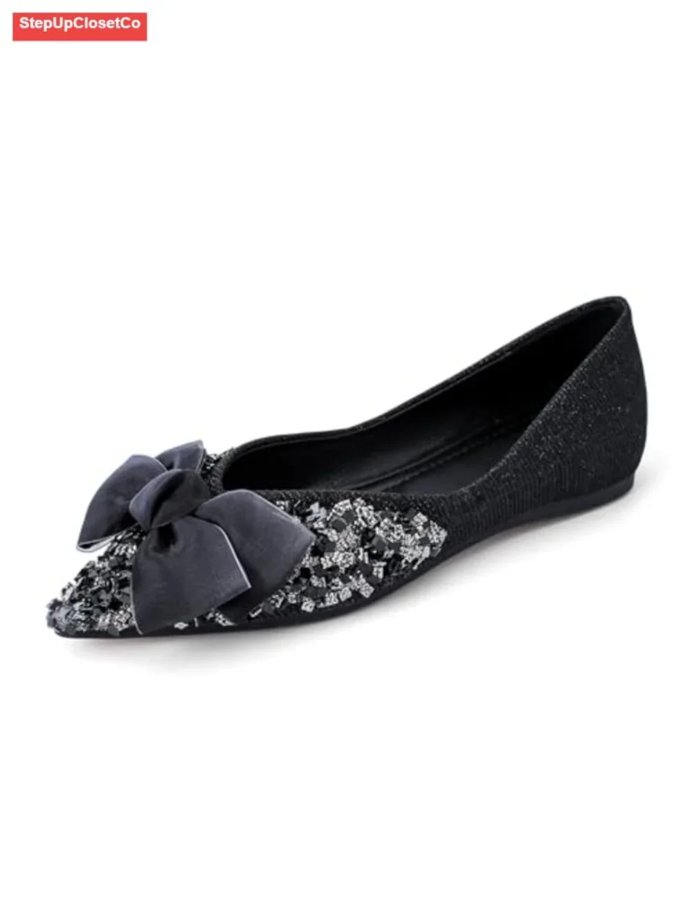 Satin Pointed Toe Flats Rhinestone Bow Memory Foam